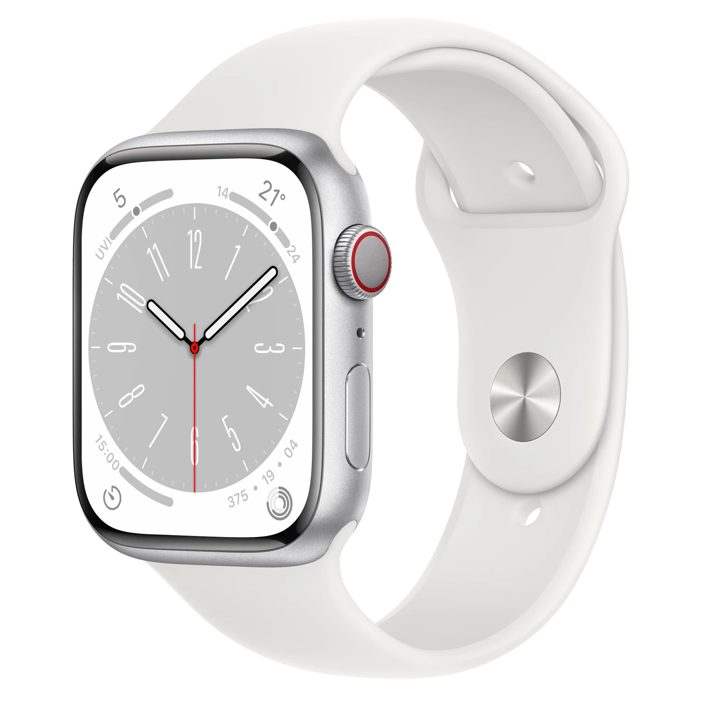 Apple Watch Series 8 GPS + Cellular 45mm Silver Aluminum Case with White Sport Band - M/L (MP4W3)