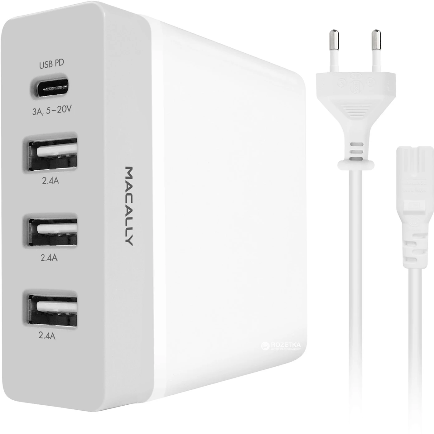 Мережевий зарядний пристрій Macally з USB-C портом та трьома USB-А портами - White (HOME72UC-EU)