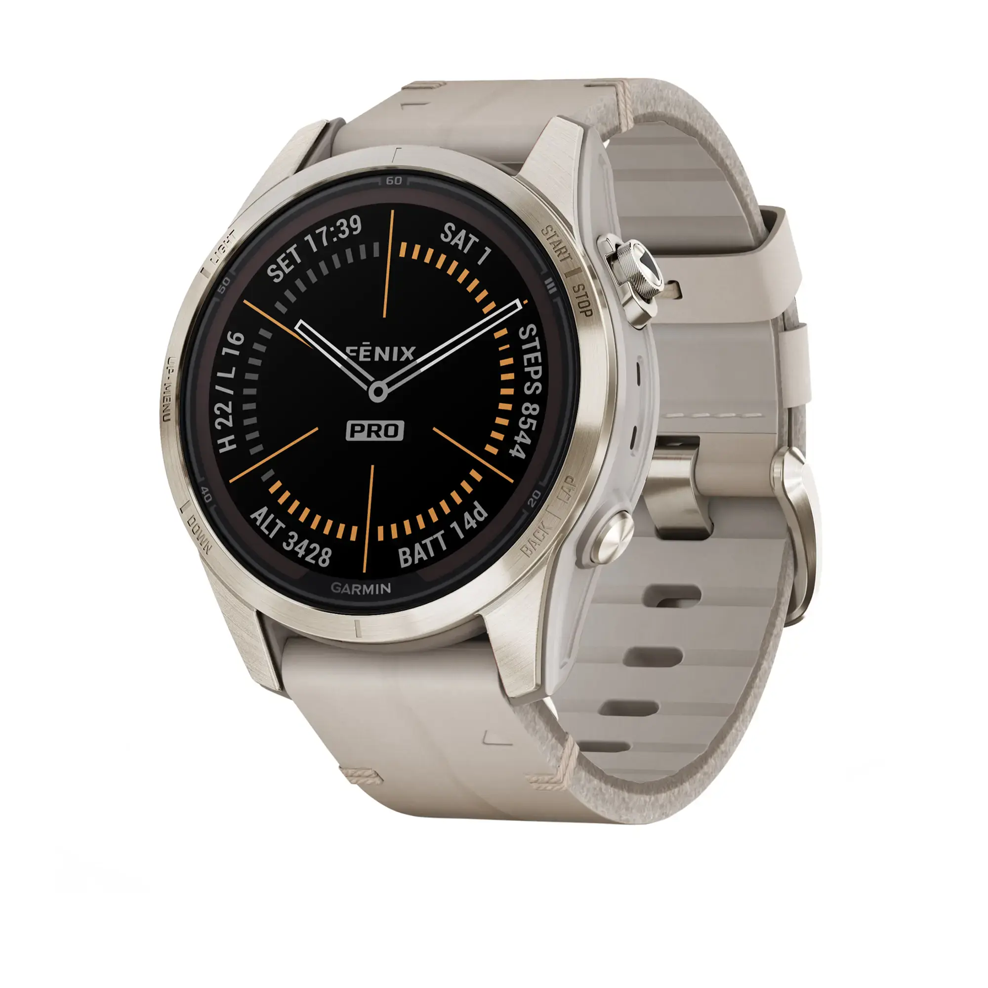 Garmin Fenix 7S Pro Sapphire Solar Edition 42 Soft Gold with Limestone Leather Band 010 02776 30
