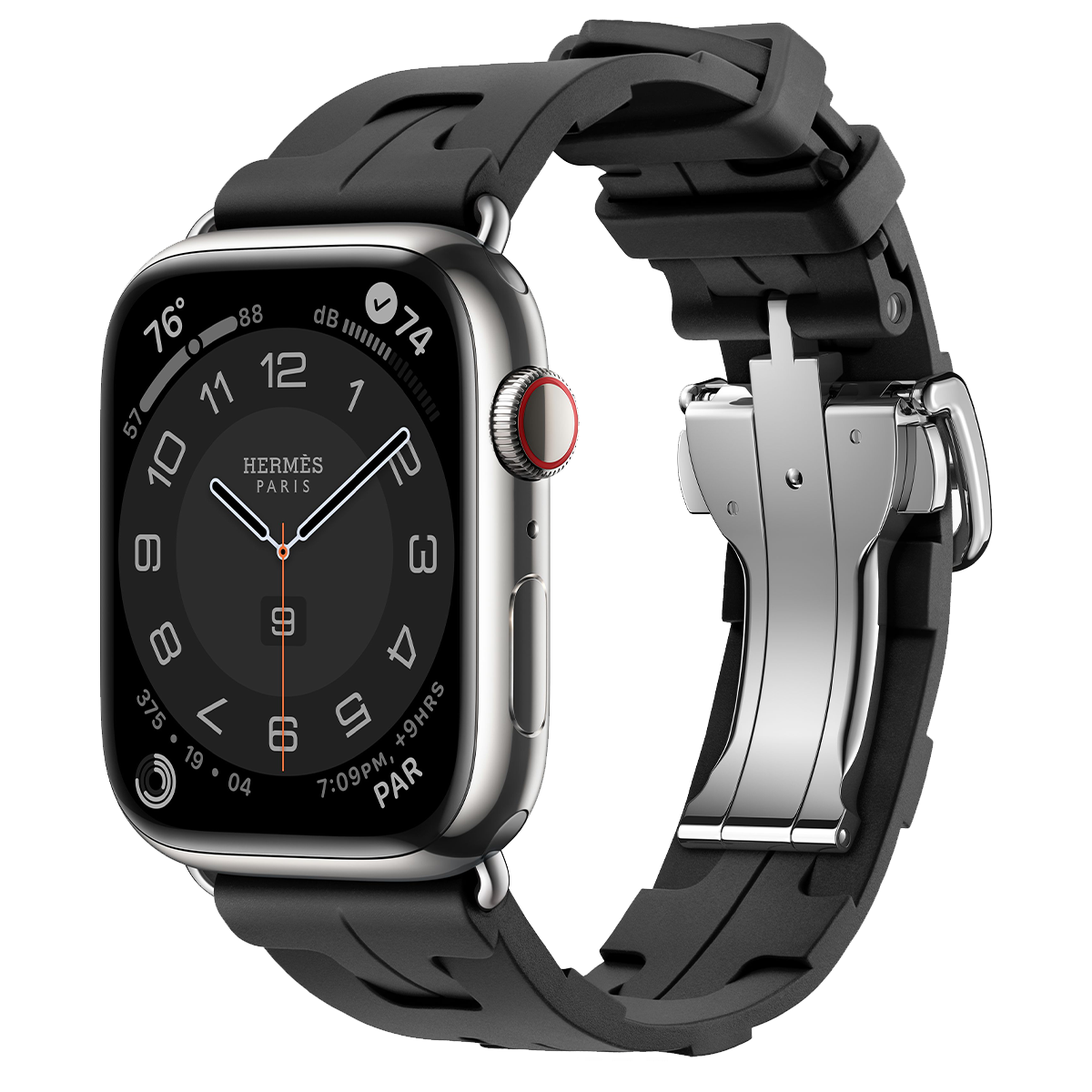 Apple Watch Hermes Series 9 GPS Cellular 45mm Silver Stainless Steel Case with Noir Kilim Single Tour MRQP3 MTHX3 NewTime